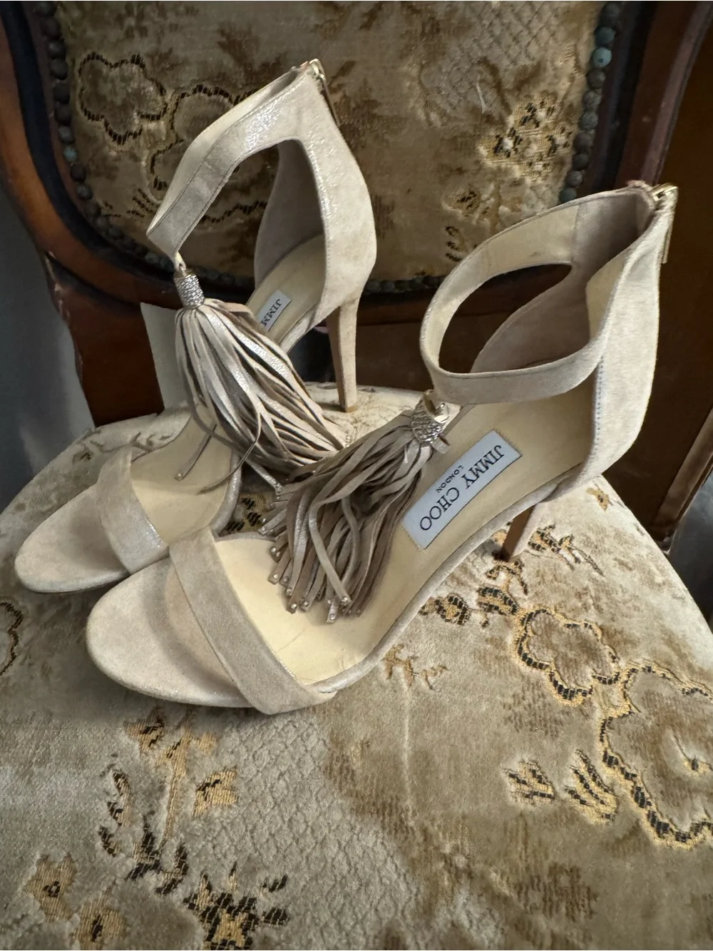 Jimmy Choo Champagne Tassel Heels Size 8.5 Shimmer Evening Shoes